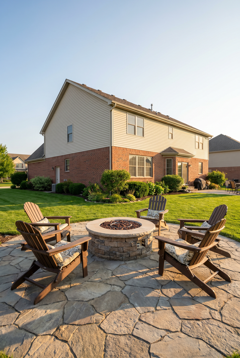 Flagstone patio and fire pit with Adirondack chairs