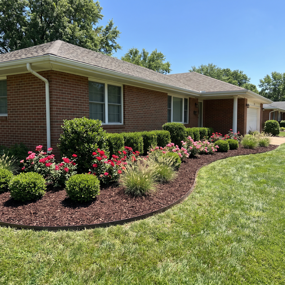 Front planting bed with knockout roses, boxwood, and ornamental grasses