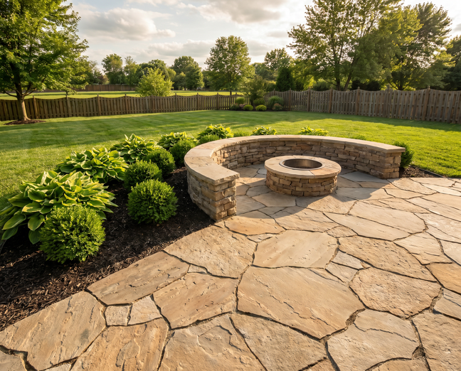 Completed flagstone patio with seat-wall and fire pit, freshly mowed lawn in West St. Louis County