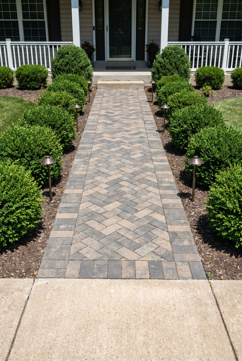 Herringbone paver walkway with boxwood shrubs and landscape lighting