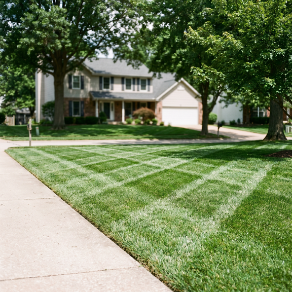 Freshly mowed fescue lawn with crisp diagonal stripes